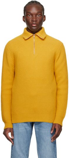 Knit RWS-certified merino wool sweater. · Rib knit turtleneck, hem, and cuffs · Half-zip closure Supplier color: Golden spice Knit Turtleneck, Sweater Men, Samsoe Samsoe, Yellow Sweater, Merino Wool Sweater, Wool Sweater, Wool Sweaters, Half Zip, Apparel Accessories