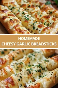 homemade cheesy garlic breadsticks on a cutting board with cheese and herbs