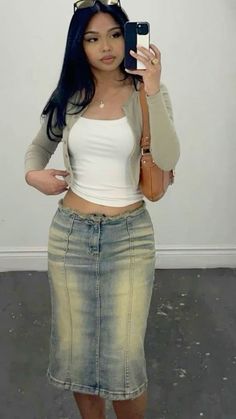 Outfit inspo, white top, long skirt, OOTD, Grwm, Makeup Inspo, casual inspo, street aesthetic, cardigan, white top, hispanic, brown girl, 2024, 2022, fall aesthetic Funky Fits, Fall Baddie, 2024 Fits, Mirror Flicks, Dr Closet, Best Winter Outfits, Estilo Indie, Cute Modest Outfits, Mirror Pics