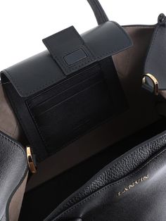 Black leather women's bag by Lanvin, featuring a removable leather shoulder strap with card slots inside, a magnetic flap closure, metal fittings, and four metal feet and suede lining. L x H x W: 32 x 22 x 18 cmComposition: Leather Leather Satchel With Branded Hardware For Office, Designer Office Satchel With Magnetic Closure, Modern Calf Leather Flap Bag For Business, Leather Shoulder Bag With Branded Hardware For Business, Leather Shoulder Bag With Branded Hardware For Office, Evening Flap Bag With Palladium Hardware, Modern Business Flap Bag With Magnetic Closure, Business Flap Bag With Magnetic Closure, Business Leather Flap Bag With Gold-tone Hardware