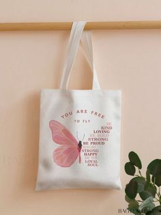 BagForLove - Versatile Linen Shopper Bag featuring Reversible Butterfly & Slogan Graphic Casual Pink Shoulder Bag With Letter Print, Casual White Reusable Bags, Casual Multicolor Bag With Letter Print, Casual Multicolor Letter Print Bag, White Reusable Shoulder Bag, Casual Pink Reusable Bag, Casual Reversible Beige Bag, Casual Reusable Canvas Shopping Bag, Casual Reversible Canvas Bag