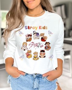 Beautifully made SKZOO Sweatshirt T-Shirt for all of our amazing STAY's out there! This sweatshirt is the perfect Stay Kids fan-made merch gift for any STAY's or Kpop Fan! ❤️   SKZOO TShirt, Stray Kids Shirt, Bang Chan,Lee Know,Changbin,Hyunjin, Han,Felix, Seungmin, I.N, Wolf Chan,Leebit, Dwaekki Tee, Kpop Merch This Sweatshirt features:  .: 50% cotton, 50% polyester .: Medium-heavy fabric (8.0 oz/yd² (271.25 g/m .: Loose fit .: Runs true to size White Kpop Style Long Sleeve Sweatshirt, White Long Sleeve Kpop Sweatshirt, Kpop Long Sleeve T-shirt With Letter Print, White Long Sleeve Kpop Style Tops, White Long Sleeve Kpop Tops, White Kpop Graphic Print Sweatshirt, White Long Sleeve T-shirt Kpop Style, White Long Sleeve T-shirt With Kpop Style, Wolf Chan