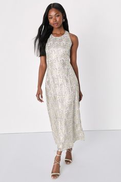 Elegant Maxi Dress For Festive Spring Occasions, Elegant Maxi Dress For Spring Festivals, Elegant Spring Festive Maxi Dress, Gold Sleeveless Sequin Summer Dress, Gold Sleeveless Sequin Dress For Summer, Elegant Gold Sequin Dress For Summer, Fitted Sleeveless Shimmer Maxi Dress, Summer Wedding Dress With Shimmer Details, Summer Wedding Dress With Shimmer