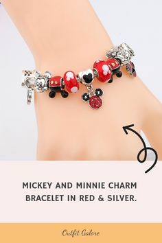 Our Red and Silver Charm Bracelet is the perfect addition to any Disney fan's jewelry collection. #minniemouse #mickeymouse #pandoradisneycharms #disneyjewelry This classic design features a delightful Mickey and Minnie pendant that will capture your heart. The bracelet is adorned with beautiful beads that add a touch of whimsy to any outfit. Don this stunning piece on your wrist and show off your love for all things Disney, or gift it to someone special as a symbol of friendship and affection. Themed Red Nickel-free Jewelry, Nickel-free Themed Red Jewelry, Nickel-free Red Themed Jewelry, Disney Sterling Silver Jewelry In Silver, Personalized Disney Silver Jewelry, Disney Silver Charms Jewelry, Disney Silver Jewelry With Charms, Disney Style Silver Jewelry With Charms, Silver Disney Charms Jewelry