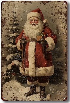 a painting of santa claus standing in the snow