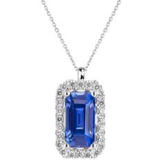 METAL SPECIFICATIONS White Gold 14K STONE SPECIFICATIONS Stone Name : Blue Sapphire and Diamond Stone Cut : Emerald and Round Stone Details : There is one emerald cut sapphire approx. 2.50 carats (Approx. Size 8.5 x 5.5 mm) and approx. 2.25 carats of smaller diamonds in the pendant. Natural earth mined stones. Color : F Clarity : VS1 Quality of Sapphire : AAA Total : Approx. 4.75 Carats PENDANT SPECIFICATIONS Length : 16” (Can change length, please indicate about change with payment) Overall Siz Sapphire Diamond Pendant, Emerald Blue, Blue Sapphire Diamond, Halo Pendant, Women Diamond, Natural Earth, Stone Cuts, Sapphire Diamond, Diamond Stone