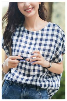 Summer Linen Plaid Shortsleeve T-shirt, Round Neck Commuter Top Women Tops Now And Later, Summer Linen