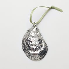 a silver ornament hanging from a green ribbon