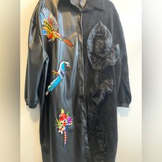 This Jacket Can Be Worn As A Dress, One Side Is Faux Leather And The Other Is Corduroy. There Is No Size Tag, Fits As A Xl - 1x 43” Long 25” Armpit To Armpit Chic Black Patchwork Outerwear, Coats Vintage, Oversized Jacket, A Dress, Size Tag, Blazer Suit, Suit Jacket, Faux Leather, Leather