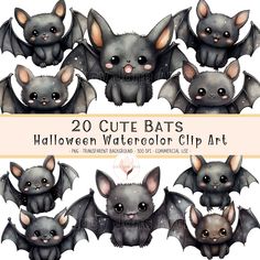 halloween watercolor clip art with cute bats in various poses and colors for use on cards or scrapbook pages