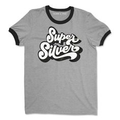 Super Silver Vintage Tee – Silver & Free Trendy Heather Grey T-shirt With Letter Print, Heather Grey Graphic Tee With Graphic Print, Heather Grey Crew Neck T-shirt With Graphic Print, Heather Grey Graphic Tee With Print, Heather Grey Graphic Tee With Text Print, Heather Grey Graphic Print Crew Neck T-shirt, Silver Casual T-shirt With Letter Print, Retro Gray T-shirt With Letter Print, Casual Silver T-shirt With Letter Print