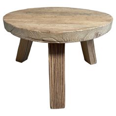 a round wooden table with two legs and a wood grain design on the top, against a white background