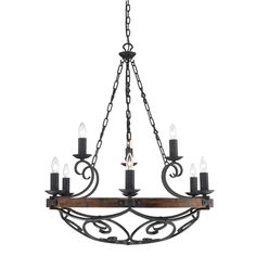 Golden - 1821-9 BI - Nine Light Chandelier - Madera - Black Iron Wheel Chandelier, Empire Chandelier, Golden Lighting, Spanish Design, Wood Chandelier, Candle Style Chandelier, Candle Chandelier, Forging Metal, Rustic Chandelier