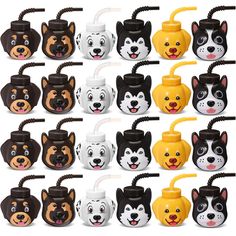 many different types of dog shaped jars with faces painted on the lids and ears, all in various shapes and sizes