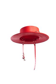 This full-size red faux straw hat is trimmed with a translucent red PVC buckle hat band and harness straps that buckle under the chin. Nice and structured, not floppy, with a wide brim. Fits up to a 23" head size. Shipped with a hat box. Material: 100% Polypropylene Crown Width: 6.5 inch Crown Height: 3.25 inch Brim Width: 3 inch Editorial photography by Emma Wondra. Skirts, capes, bows, and hoods by Samantha Rei. Styling/modeling (red hat) by Cristina/Anhedonie. MUA/modeling (black hat) by Dako Adjustable Red Hat Bands For Kentucky Derby, Adjustable Red Hat Bands For Summer, Red Short Brim Top Hat For Summer, Red Adjustable Top Hat For Kentucky Derby, Adjustable Red Top Hat For Kentucky Derby, Adjustable Red Brimmed Straw Hat, Adjustable Flat Brim Red Boater Hat, Red Adjustable Brimmed Straw Hat, Adjustable Red Boater Hat With Flat Brim