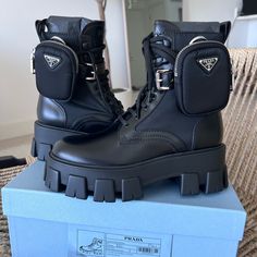 Prada Platform Boots, Prada Combat Boots Outfit, Prada Outfits Women, Prada Monolith Boots, Prada Combat Boots, Prada Outfits, Prada Monolith, Combat Boots Women, Combat Boot Outfit