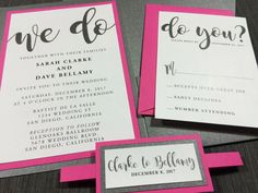 pink and gray wedding stationery with matching envelopes for the couple's names