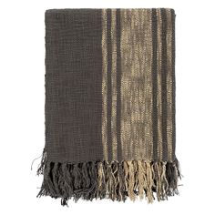 a brown and black striped blanket with fringes