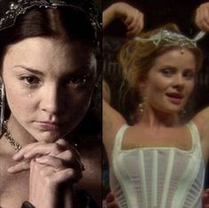 two different pictures of women in dresses and tiaras, one with her hands on her head