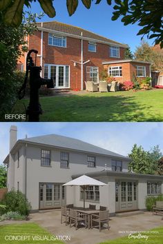 before and after shots of a house with an outdoor dining area in the front yard