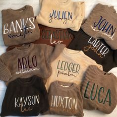 This personalized embroidered chunky knit sweater makes a perfect baby shower, birthday, or any occasion gift for a baby!  This sweater is both comfy & cozy which is PERFECT during the chilly seasons but can also be worn on the beach during sunset or while just lounging at home.   Your sweater will be embroidered with the name or words of your choice, in the fonts shown in the photos. Please note: These sweaters are meant to fit oversized. If you would like your sweater more fitted size down. Baby Personalized Gift Ideas, Baby Shower Gift Ideas For Boys, Baby Boy Shower Gift Ideas, Baby Boy Shower Gifts, Boy Baby Shower Gifts, Baby Sweater With Name, Customized Baby Gifts, Baby Boy Gift Ideas, Baby Name Sweater