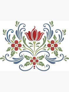 a red flower with green leaves and swirls on white background