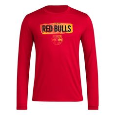 Represent your beloved New York Red Bulls with the men's adidas Red New York Red Bulls Local Pop AEROREADY long sleeve t-shirt. Crafted from recycled polyester, this breathable tee features AEROREADY technology to keep you dry and comfortable during intense matches. The crew neck and droptail hem provide a classic fit, while the bold New York Red Bulls logo proudly displays your unwavering support for the MLS team. Crew neck Screen print graphics Officially licensed Long sleeve Imported Material Red Sports Fan Apparel Tops, Red Sports Fan Apparel Top, Red Fan Apparel Tops For Sports, Adidas Long Sleeve Sports T-shirt, Adidas Long Sleeve Sports Top, University Red Moisture-wicking Tops For Sports Events, University Red Sportswear Tops For Sports Season, Red Long Sleeve Sports T-shirt, Long Sleeve Sports Top With Three Stripes