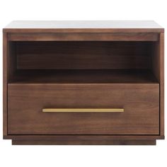 a wooden nightstand with two drawers on one side and a gold drawer on the other