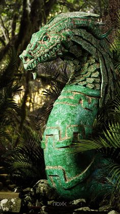 a green dragon statue sitting in the middle of some trees