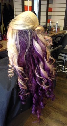 Purple And Blonde Hair Ideas, Purple Hair Highlights Blonde, Blonde Hair With Purple Peekaboo, Purple Hair With Blonde Highlights, Peekaboo Hair Color Purple, Blonde Purple Hair, Blonde Hair With Purple Highlights, Purple And Blonde Hair, Purple Hair Color Highlights