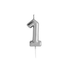 a silver number one candle on a white background