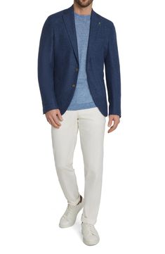 Constructed from a soft, wool-blend knit, this sport coat styled in a mottled blue features a relaxed profile that's ideal for elevating any casual look. 29 1/2" length (size 40R) Notched lapels Nonfunctional four-button cuffs Side vents Chest welt pocket; front patch pockets Partially lined 48% wool, 33% linen, 15% cotton, 2% silk, 2% elastane Dry clean Made in Canada Casual Spring Tweed Jacket, Classic Merino Wool Outerwear For Spring, Casual Wool Tweed Jacket For Spring, Casual Spring Wool Tweed Jacket, Casual Fitted Tweed Jacket For Business, Fitted Tweed Jacket For Business Casual, Casual Spring Tweed Wool Jacket, Casual Wool Tweed Jacket For Business, Casual Wool Tweed Jacket For Business Casual