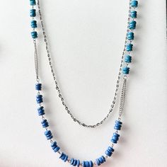 This two layers necklace has green and blue clay disc beads. They are on silver tone chain and another layer of silver chain. It is very well-made. 38" chain, 40" heishi  Thank you for visiting my shop! LOVE, LUCK AND BLESSINGS🌹 Layers Necklace, Blue Clay, Necklace Layered, Wedding Jewellery Necklace, Blue Beads, Wedding Necklace, Layered Necklaces, Long Necklace, Silver Chain