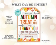 an autumn treat card with the words, what can be edited? and other information