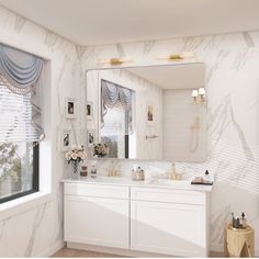 a bathroom with marble walls and flooring next to a large window that has curtains on the windowsill