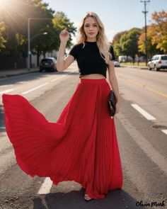 Olivia Mark - High-Waisted Pleated Midi Skirt with Full Swing Hem Red Pleated Skirt, 50th Clothing, Flowy Maxi Skirts, Pleated Midi Skirt, Pleated Mini Skirt, Knee Length Skirt, Types Of Skirts, Olivia Mark, Pleated Skirt