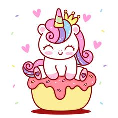 a cute unicorn sitting on top of a cupcake with sprinkles and a crown