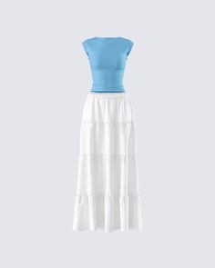 Be a breath of fresh air in this two-piece set 💙 With an airy and flowy feel, this fit pairs a blue backless top with a white tiered maxi skirt for the perfect everyday summer look ☁️ Beachy Aesthetic Outfits, Wag Dr, White Corset Dress, Blue Tube Top, Mom Dr, Dr Closet, Maxi Skirt Outfits, A Breath Of Fresh Air, Tiered Maxi Skirt