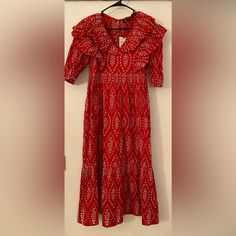 Nwt Xs Red Embroidered Fitted Maxi Dress, Red Embroidered Maxi Length Dress, Red Fitted Embroidered Dress, Red Fitted Cotton Maxi Dress, Casual Red Fitted Embroidered Dress, Red Embroidered Fitted Casual Dress, Red Embroidered Casual Fitted Dress, Red Fitted Embroidered Casual Dress, Fitted Red Cotton Maxi Dress