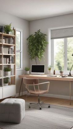 a room with a desk, chair and bookshelf