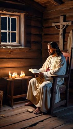 a man sitting in a chair next to a window with candles on the floor and a cross