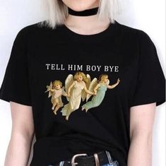 Tell Him Boy Bye T-Shirt👼🏻 High-quality classic cut unisex T-shirt designed by us and printed in China. Print is crisp and colourful. Free shipping worldwide. 👕 PRODUCT DETAILS 👕 Crew neck Unisex Fit 100% High-quality Cotton Printed in China 📏 SIZING 📏 See size table in gallery for exact measurements. 🌍 SHIPPING AND DELIVERY 🌍 We aim to process all orders as fast as possible and ship them within 1-2 days. However, during sales or busy periods please allow up to 5 days for processing. All Aesthetic Crew Neck T-shirt With Screen Print, Band Merch Printed Short Sleeve Tops, Printed Short Sleeve Band Merch Tops, Printed Cotton Band Merch Top, Band Merch Printed Crew Neck Tops, Printed Band Merch Crew Neck Tops, Grunge Style Printed Cotton T-shirt, Printed Cotton Grunge T-shirt, Printed Crew Neck Top With Band Merch Style