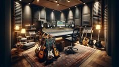 a recording studio with guitars and sound equipment