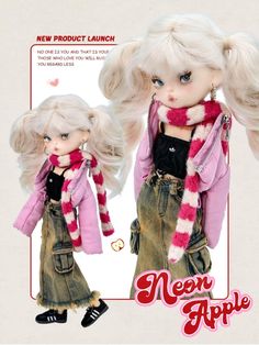 a doll with blonde hair wearing a pink jacket and scarf, standing next to another doll