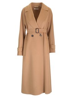 Max Mara'S long double-breasted coat with belt at the waist, made of fine hand-sewn pure wool double drap. Featuring a slightly flared silhouette with a lapel collar, kimono sleeves with adjustable toggles at the hem and welt pockets at the sides. Versace Designer, Coat With Belt, Kimono Sleeves, Double Breasted Coat, Kimono Sleeve, Cool Socks, Shirt Skirt, Square Scarf, Lapel Collar