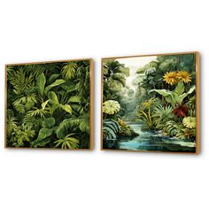 two paintings depicting tropical plants and water