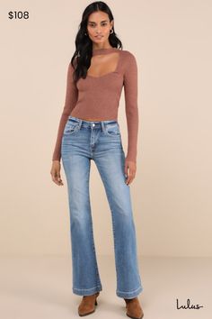 Dress 'em up or down, either way, you'll have everyone wrapped around your finger in the Daze Denim Heartbreaker Medium Wash Mid-Rise Denim Flare Jeans! Slightly stretchy denim (in Daze Denim's Text Me wash) shapes these essential jeans with a trendy mid-rise silhouette, complete with belt loops, a five-pocket cut, and a hidden zip fly with a branded top button closure. Whiskering and light distressing accent the figure-flattering pant legs that finish at ankle-length, flared hems. Fit: This gar Flattering Pants, Denim Flare Jeans, Water Machine, Denim Flares, Text Me, Stretchy Fabric, Jeans Pants, Flare Jeans, Ankle Length