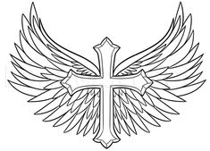 the cross with wings on it is outlined in black and white, as well as an outline