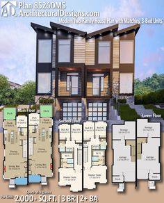 the floor plan for this modern two - story home is shown in three different colors