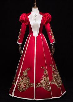 Red Rococo Baroque Queen Medieval Wedding Dress 18th Century Renaissance Historical Period Victorian Dress   Condition: Brand New  Color: Red and amp;nbsp;Champagne  Material: Satins And Lace  Silhouette: Ball Gown  Sleeve Length: Full Sleeve  Dresses Length:Floor-Length  Neckline: O-Neck  Decoration: Appliques  Style: Vintage   Includes: Dress    amp;nbsp; Masquerade Ball Gowns Victorian, Dresses 18th Century, 1780s Dress, Victorian Dress Costume, Ball Gowns Victorian, Victorian Dress Gown, Queen Marie Antoinette, Rococo Baroque, Gothic Victorian Dresses